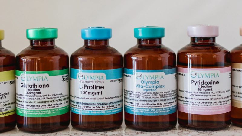 Vials of glutathione, L-proline, B-complex and pyridoxine used in IV drips